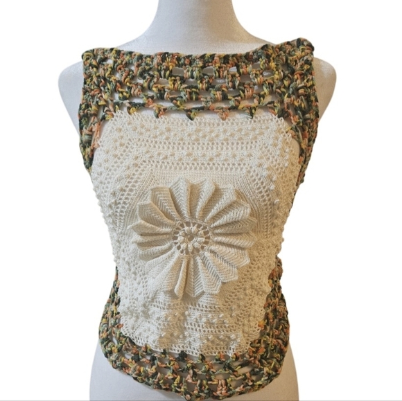 Hand Crafted Hexagon Silhouette Crochet Top Cotton & Acrylic Boho Multicolored - Picture 3 of 17